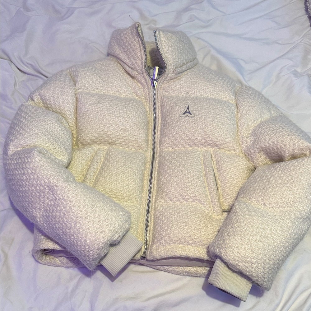 Cream Puffer Jacket with Logo